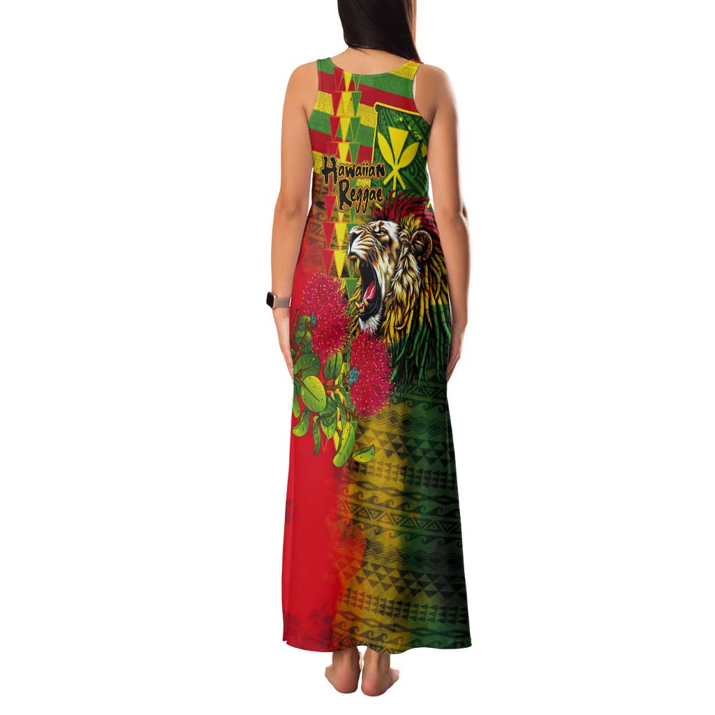 Hawaiian Reggae Tank Maxi Dress Kakau Art Motifs with Ohia Lehua and Rastafari Lion - Polynesian Pride