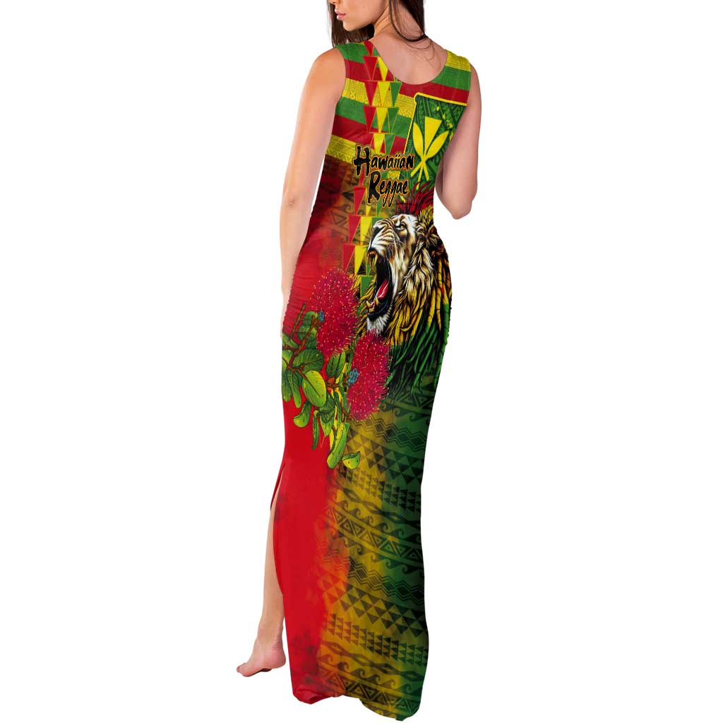 Hawaiian Reggae Tank Maxi Dress Kakau Art Motifs with Ohia Lehua and Rastafari Lion - Polynesian Pride
