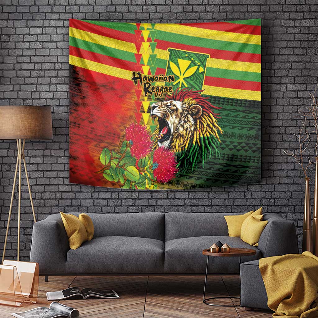Hawaiian Reggae Tapestry Kakau Art Motifs with Ohia Lehua and Rastafari Lion - Polynesian Pride