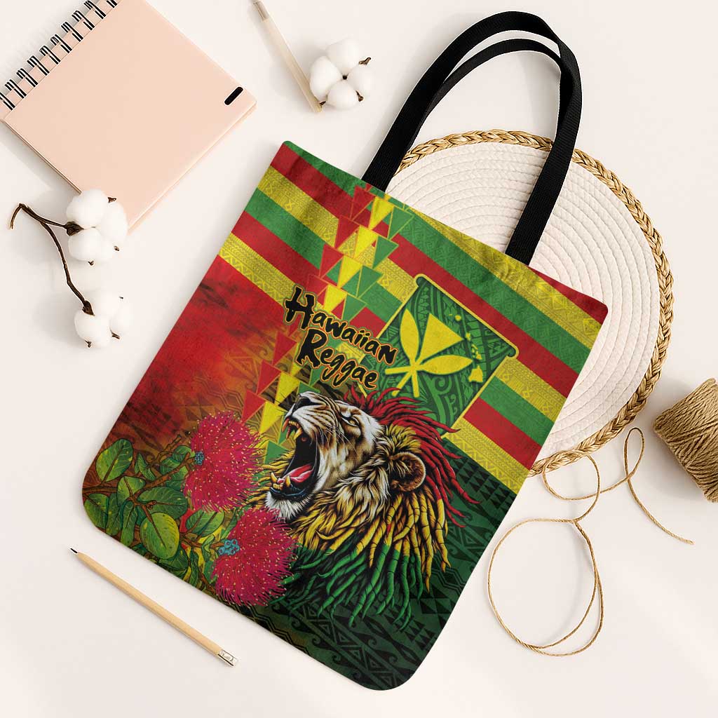 Hawaiian Reggae Tote Bag Kakau Art Motifs with Ohia Lehua and Rastafari Lion - Polynesian Pride