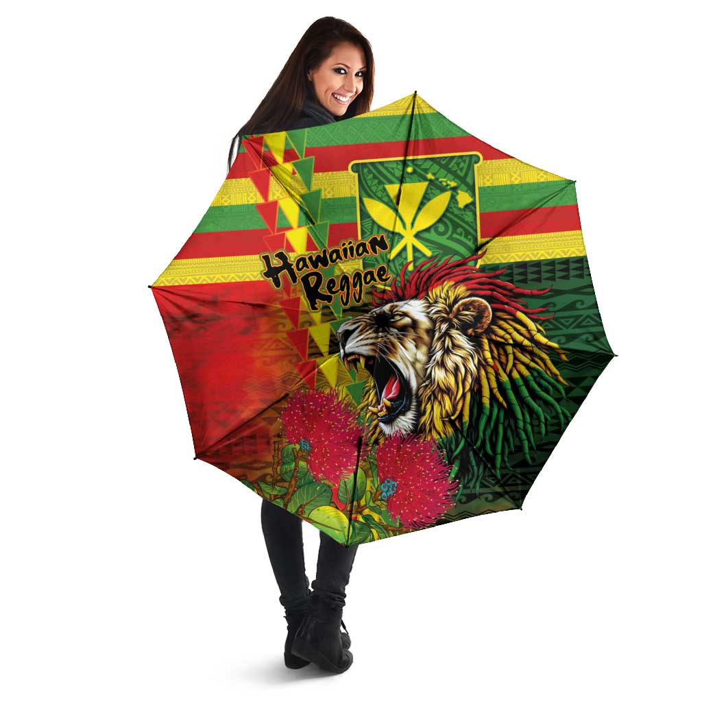 Hawaiian Reggae Umbrella Kakau Art Motifs with Ohia Lehua and Rastafari Lion - Polynesian Pride