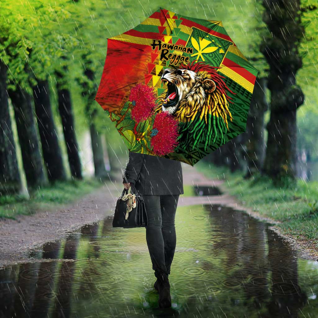 Hawaiian Reggae Umbrella Kakau Art Motifs with Ohia Lehua and Rastafari Lion - Polynesian Pride