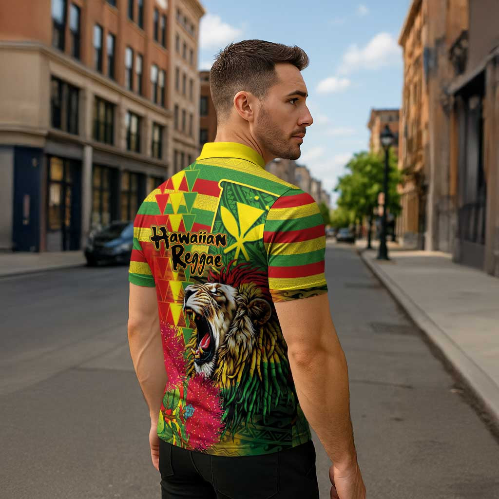 Hawaiian Reggae Zipper Polo Shirt Kakau Art Motifs with Ohia Lehua and Rastafari Lion - Polynesian Pride