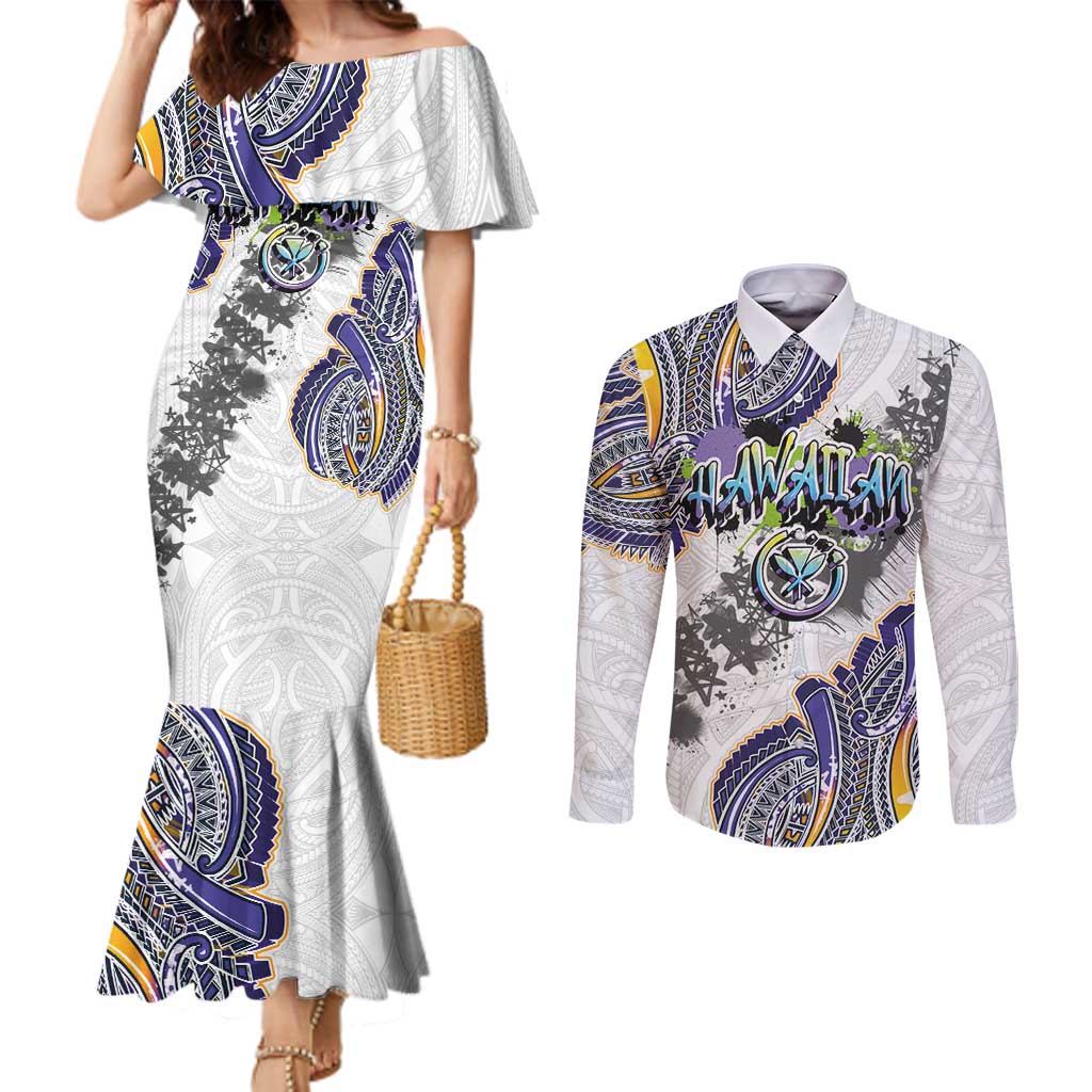 Traditional Art Hawaiian Kakau Tattoos Couples Matching Mermaid Dress and Long Sleeve Button Shirt Graffiti Style - Polynesian Pride