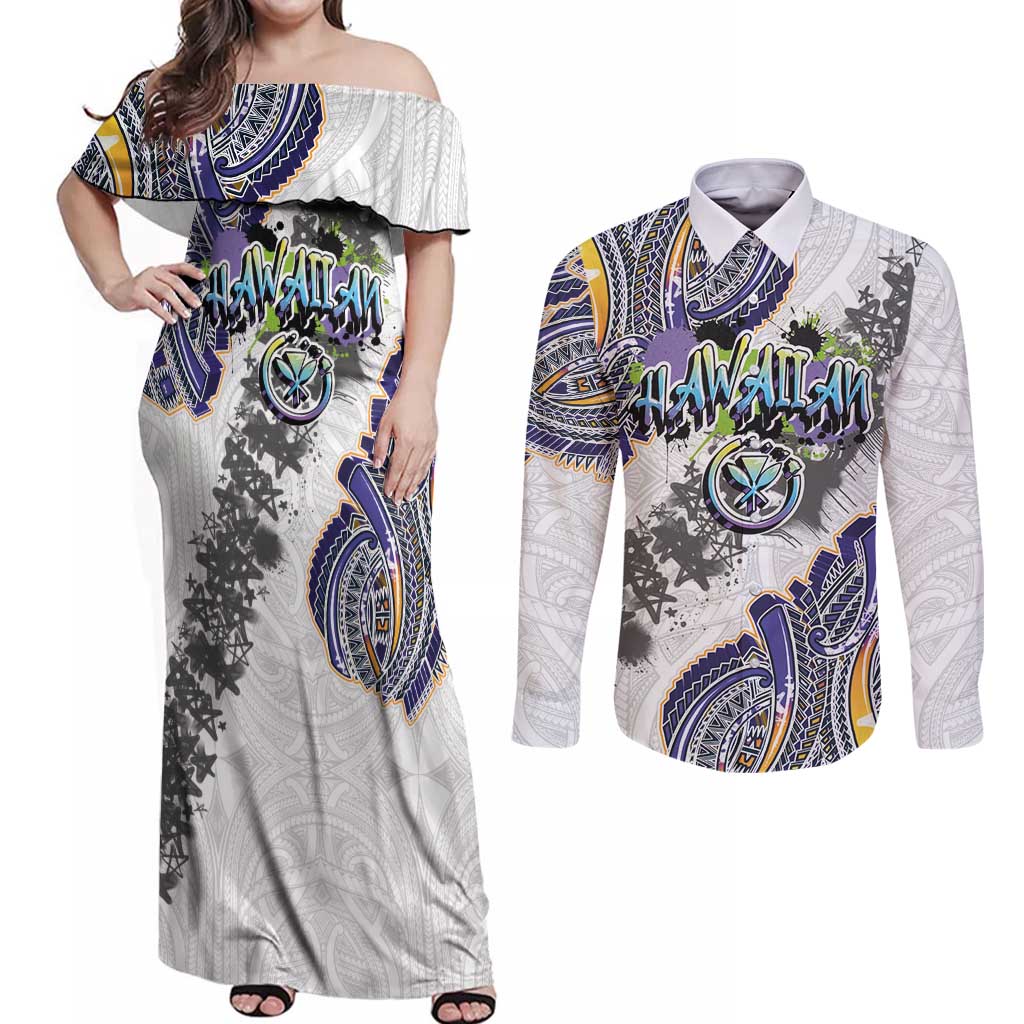 Traditional Art Hawaiian Kakau Tattoos Couples Matching Off Shoulder Maxi Dress and Long Sleeve Button Shirt Graffiti Style LT03 White - Polynesian Pride