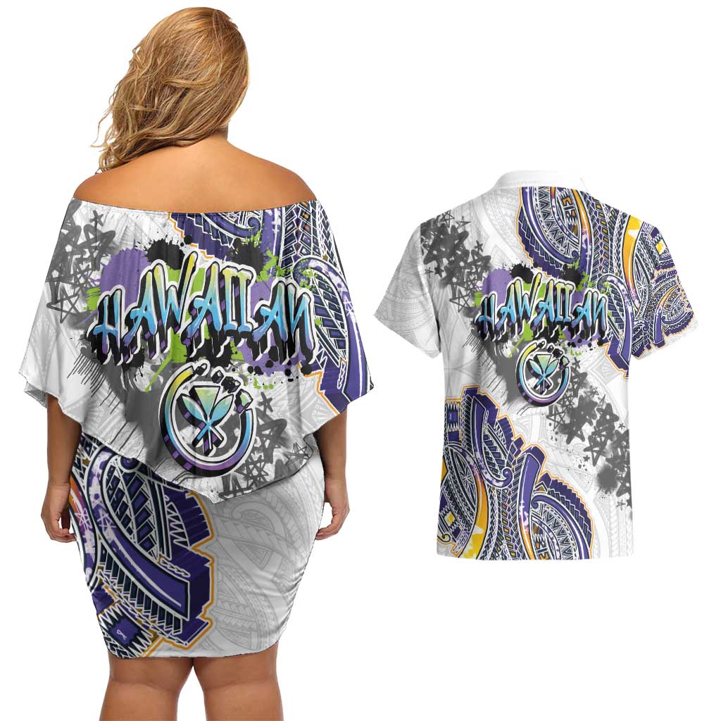 Traditional Art Hawaiian Kakau Tattoos Couples Matching Off Shoulder Short Dress and Hawaiian Shirt Graffiti Style - Polynesian Pride
