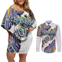 Traditional Art Hawaiian Kakau Tattoos Couples Matching Off Shoulder Short Dress and Long Sleeve Button Shirt Graffiti Style - Polynesian Pride