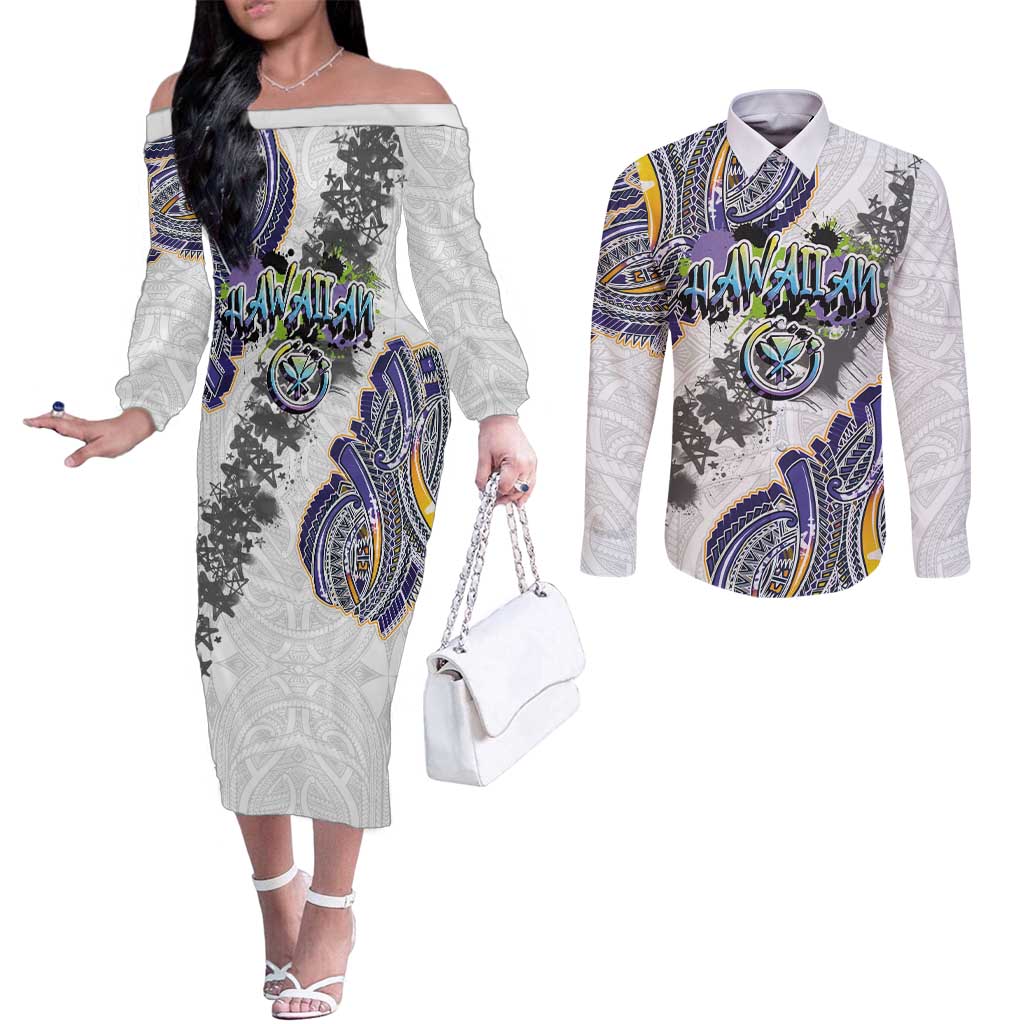 Traditional Art Hawaiian Kakau Tattoos Couples Matching Off The Shoulder Long Sleeve Dress and Long Sleeve Button Shirt Graffiti Style LT03 White - Polynesian Pride