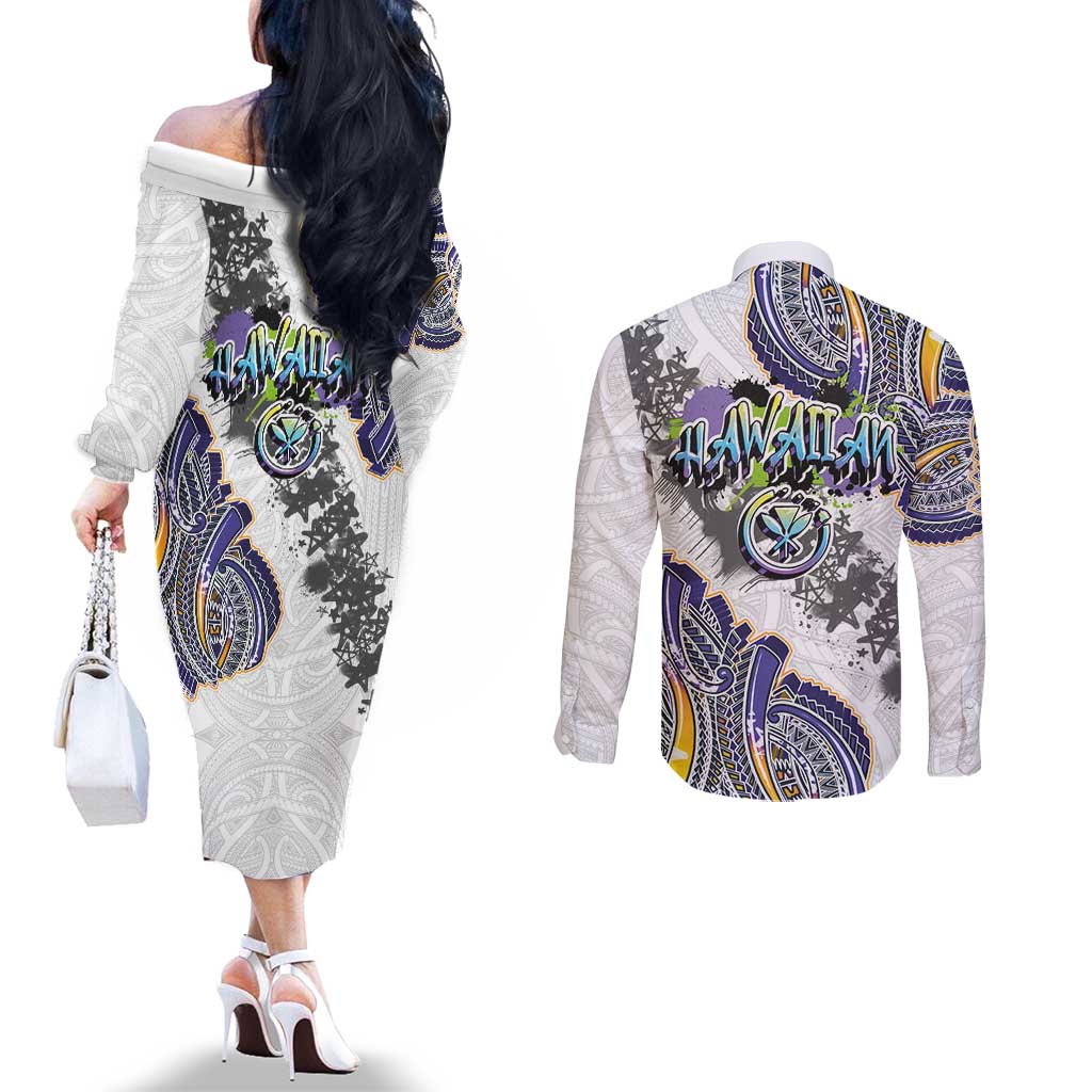 Traditional Art Hawaiian Kakau Tattoos Couples Matching Off The Shoulder Long Sleeve Dress and Long Sleeve Button Shirt Graffiti Style - Polynesian Pride