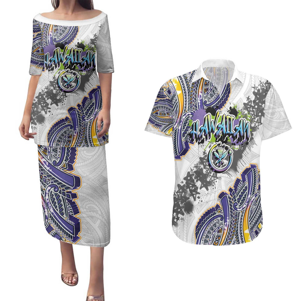 Traditional Art Hawaiian Kakau Tattoos Couples Matching Puletasi and Hawaiian Shirt Graffiti Style - Polynesian Pride