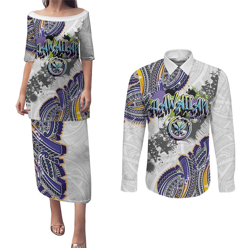Traditional Art Hawaiian Kakau Tattoos Couples Matching Puletasi and Long Sleeve Button Shirt Graffiti Style LT03 White - Polynesian Pride