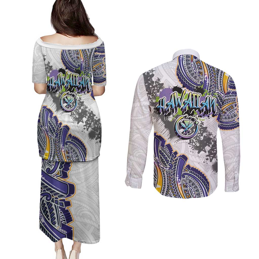 Traditional Art Hawaiian Kakau Tattoos Couples Matching Puletasi and Long Sleeve Button Shirt Graffiti Style - Polynesian Pride