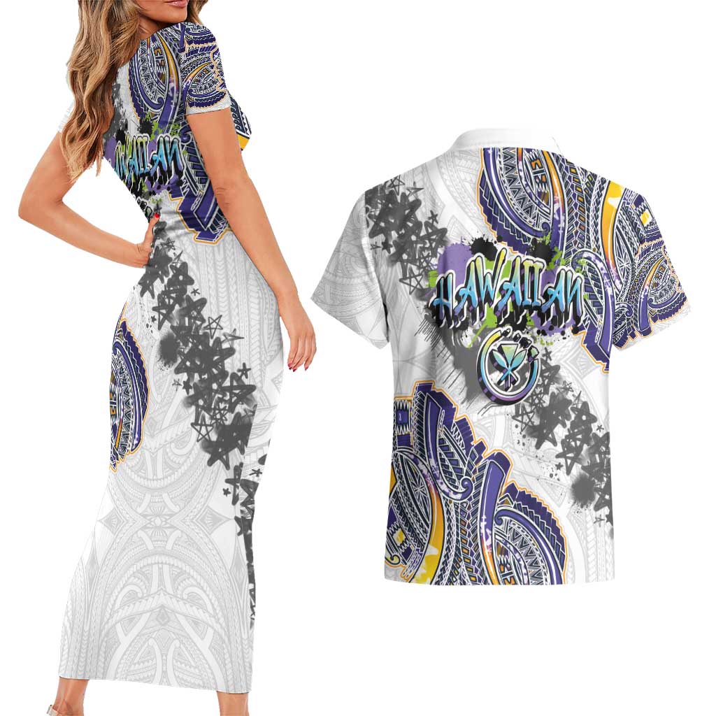 Traditional Art Hawaiian Kakau Tattoos Couples Matching Short Sleeve Bodycon Dress and Hawaiian Shirt Graffiti Style - Polynesian Pride