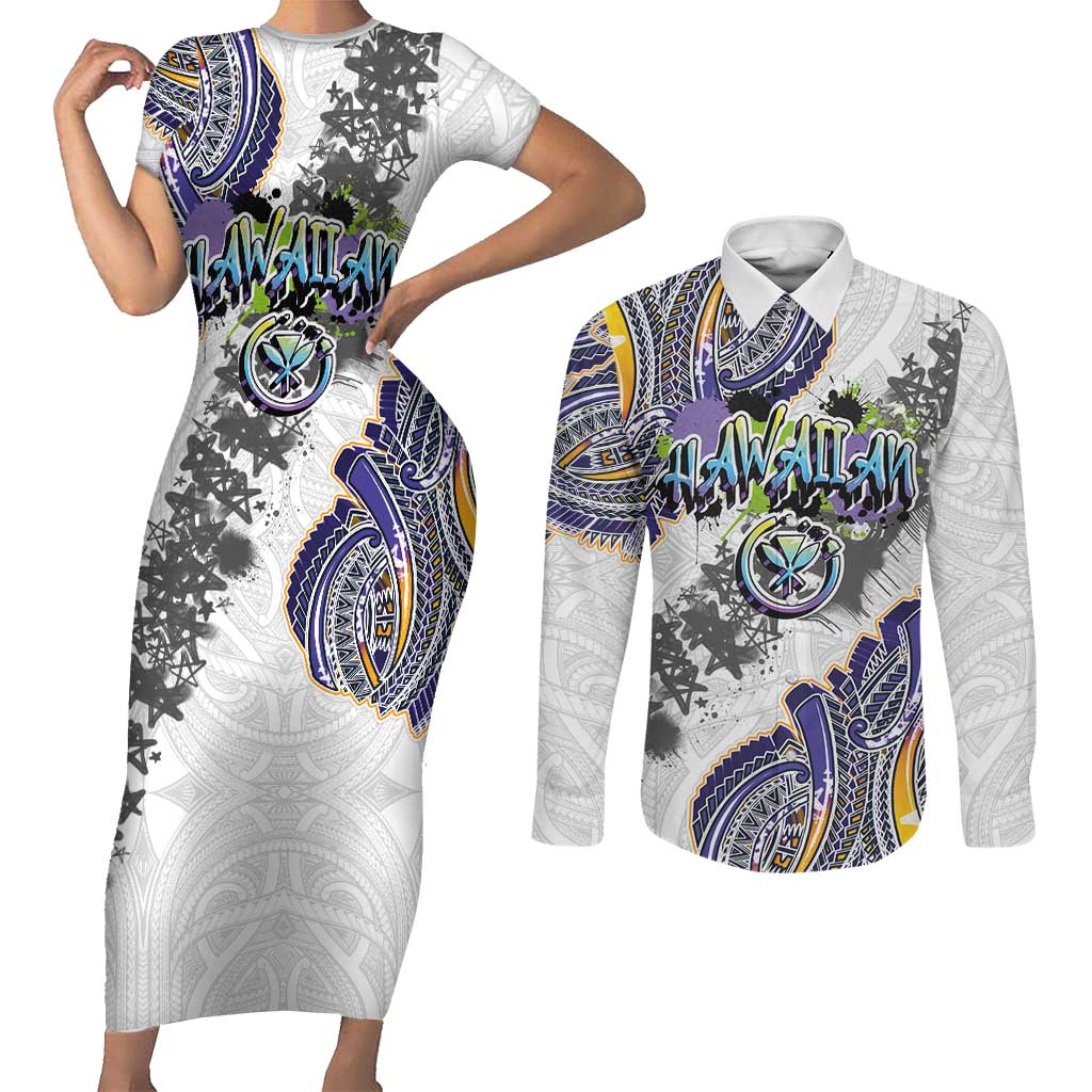 Traditional Art Hawaiian Kakau Tattoos Couples Matching Short Sleeve Bodycon Dress and Long Sleeve Button Shirt Graffiti Style LT03 White - Polynesian Pride