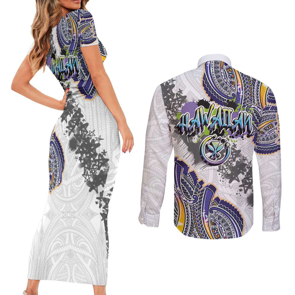 Traditional Art Hawaiian Kakau Tattoos Couples Matching Short Sleeve Bodycon Dress and Long Sleeve Button Shirt Graffiti Style - Polynesian Pride