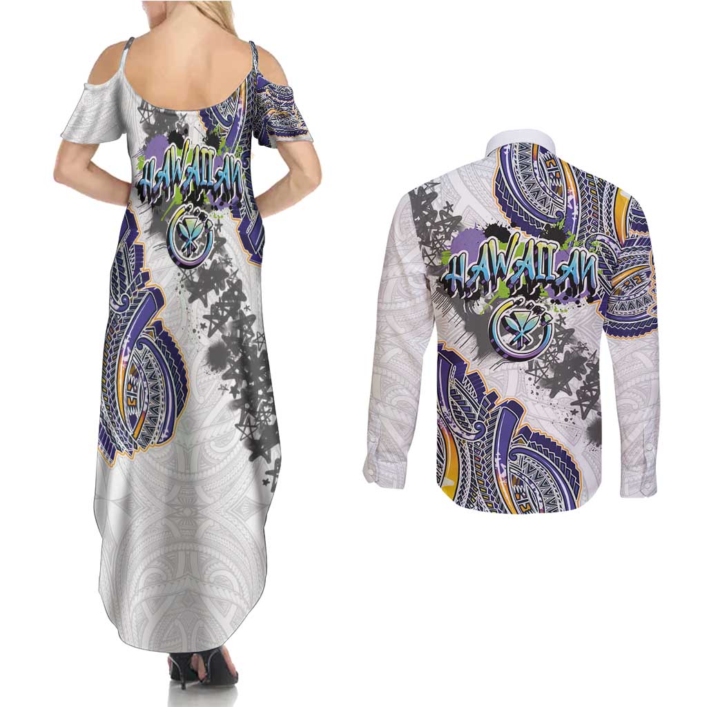 Traditional Art Hawaiian Kakau Tattoos Couples Matching Summer Maxi Dress and Long Sleeve Button Shirt Graffiti Style - Polynesian Pride