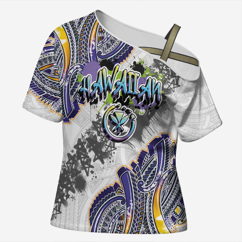 Traditional Art Hawaiian Kakau Tattoos Cross Shoulder Shirt Graffiti Style LT03 Female White - Polynesian Pride