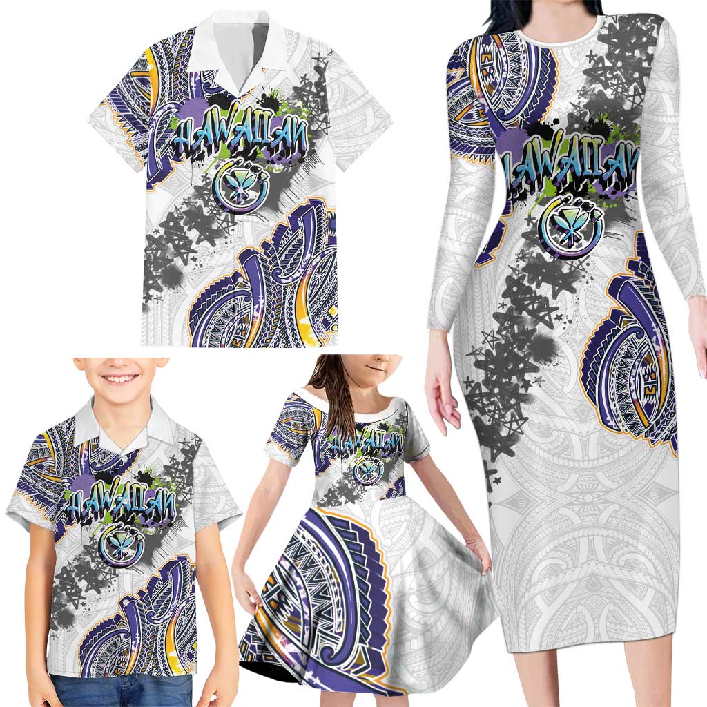 Traditional Art Hawaiian Kakau Tattoos Family Matching Long Sleeve Bodycon Dress and Hawaiian Shirt Graffiti Style LT03 - Polynesian Pride