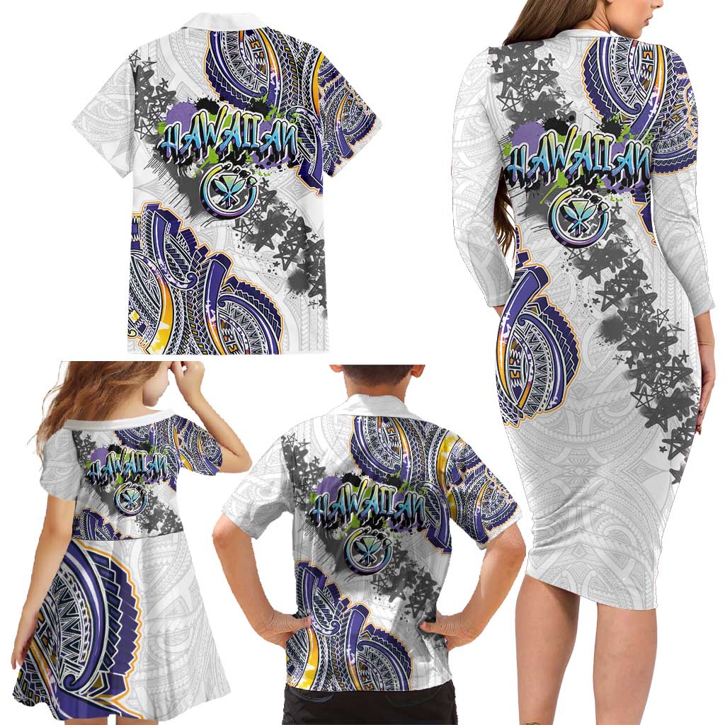 Traditional Art Hawaiian Kakau Tattoos Family Matching Long Sleeve Bodycon Dress and Hawaiian Shirt Graffiti Style - Polynesian Pride
