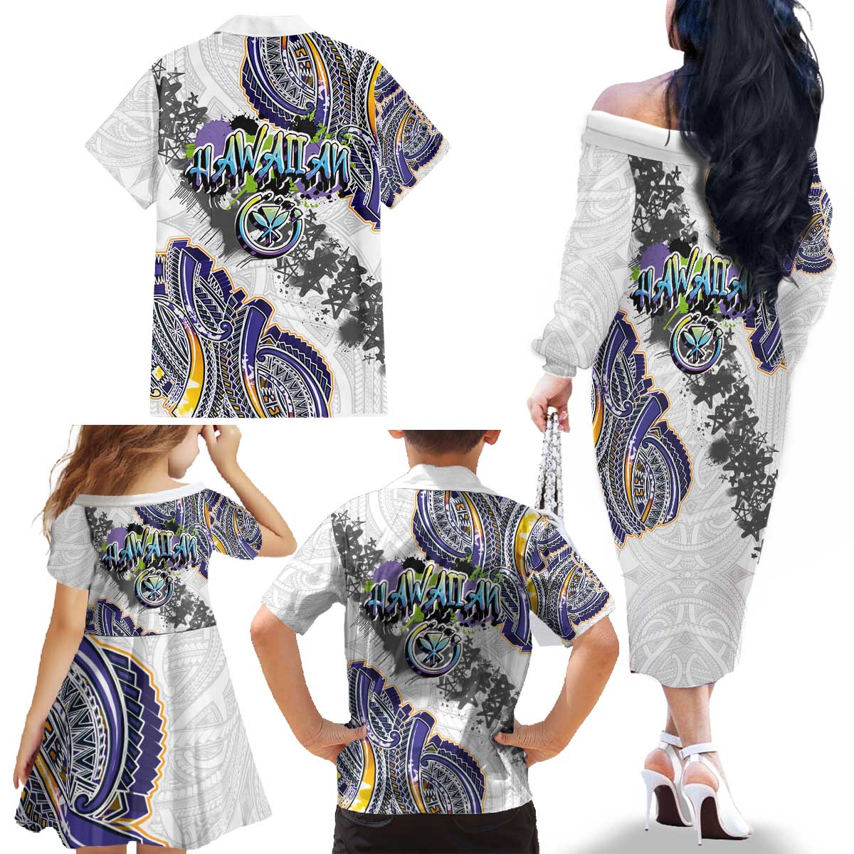 Traditional Art Hawaiian Kakau Tattoos Family Matching Off The Shoulder Long Sleeve Dress and Hawaiian Shirt Graffiti Style - Polynesian Pride