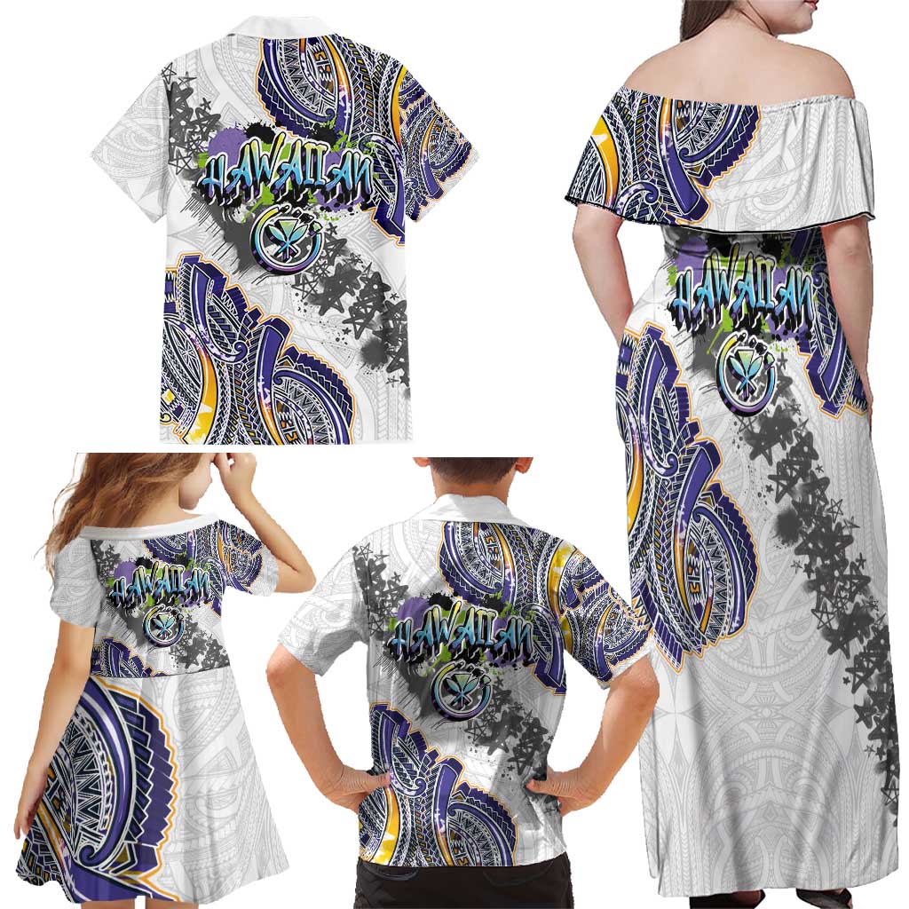 Traditional Art Hawaiian Kakau Tattoos Family Matching Off Shoulder Maxi Dress and Hawaiian Shirt Graffiti Style - Polynesian Pride