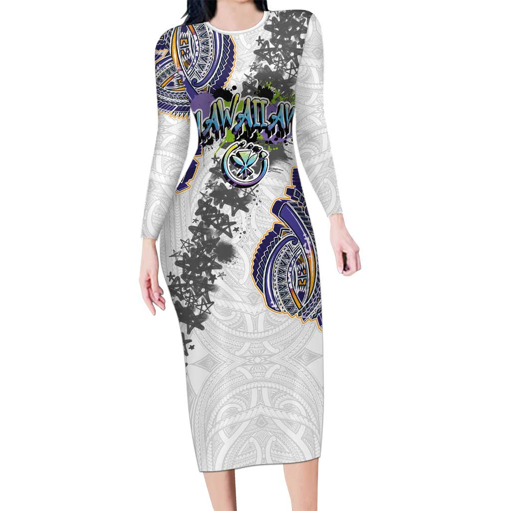Traditional Art Hawaiian Kakau Tattoos Long Sleeve Bodycon Dress Graffiti Style LT03 Long Dress White - Polynesian Pride