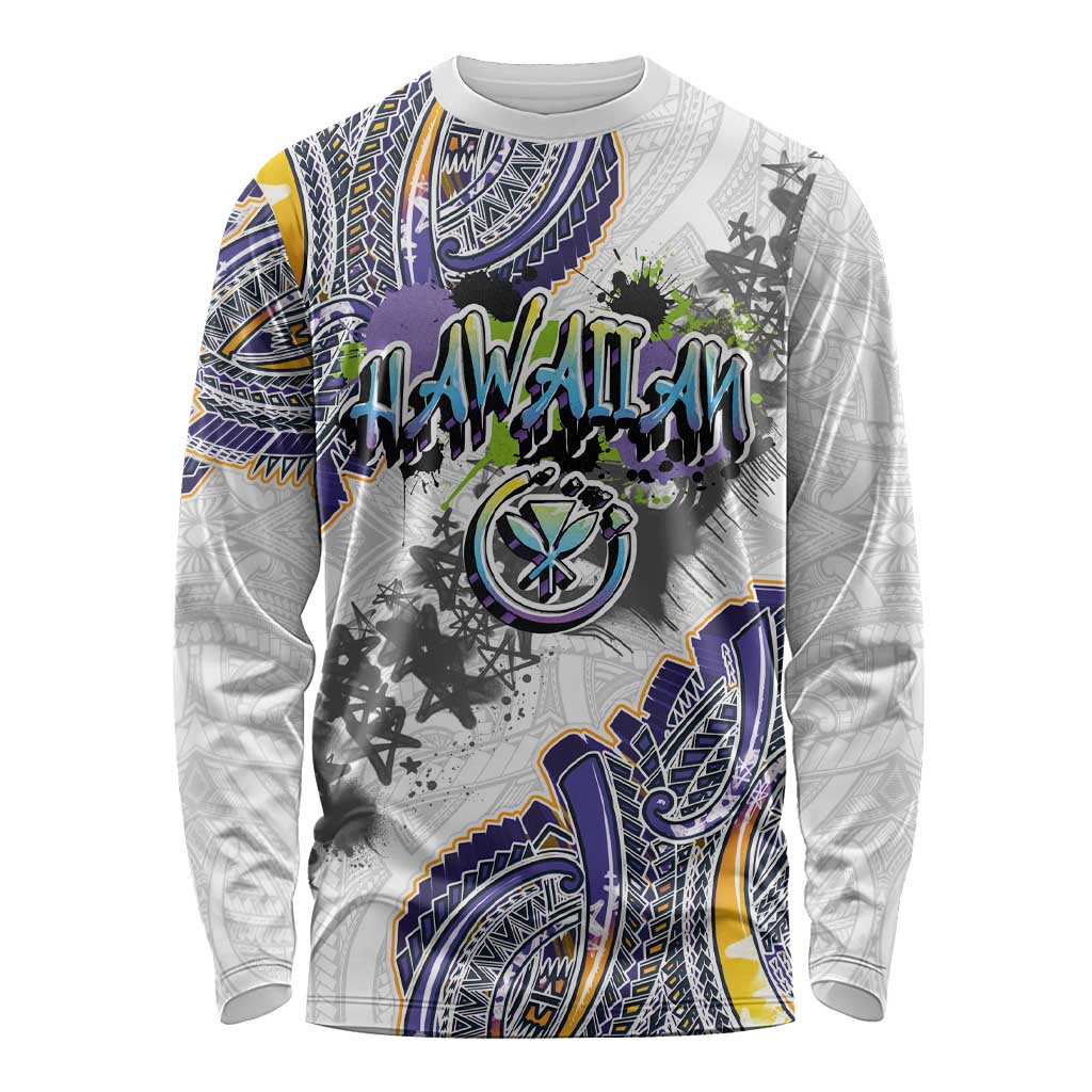 Traditional Art Hawaiian Kakau Tattoos Long Sleeve Shirt Graffiti Style LT03 Unisex White - Polynesian Pride