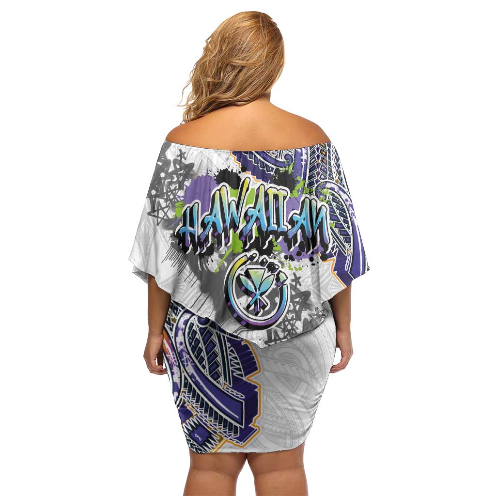 Traditional Art Hawaiian Kakau Tattoos Off Shoulder Short Dress Graffiti Style - Polynesian Pride