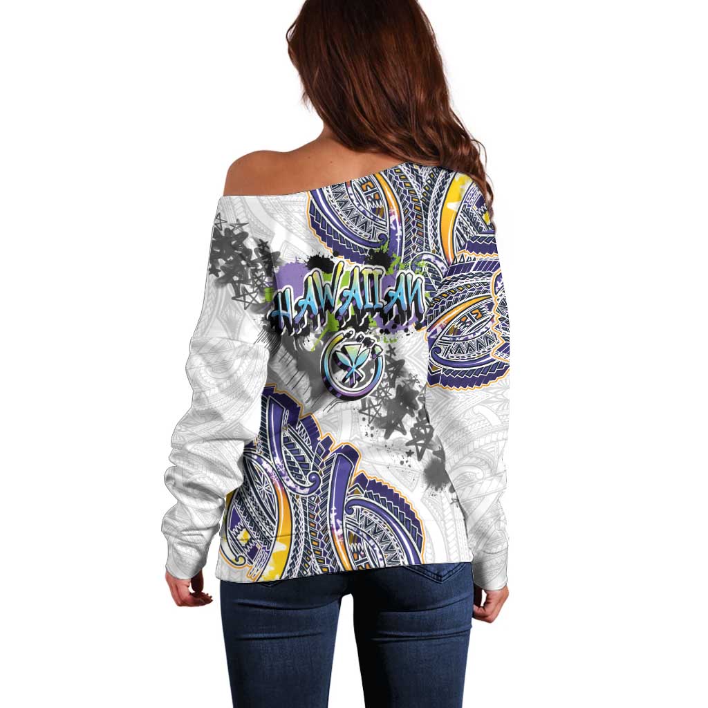Traditional Art Hawaiian Kakau Tattoos Off Shoulder Sweater Graffiti Style - Polynesian Pride