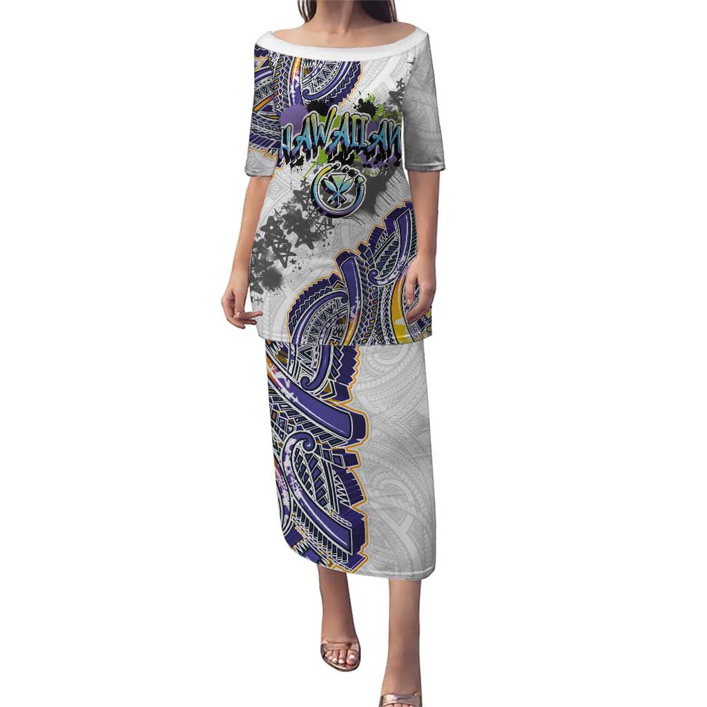 Traditional Art Hawaiian Kakau Tattoos Puletasi Graffiti Style LT03 Long Dress White - Polynesian Pride