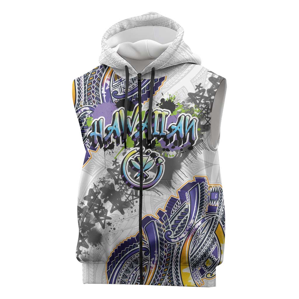 Traditional Art Hawaiian Kakau Tattoos Sleeveless Zip Hoodie Graffiti Style LT03 White - Polynesian Pride