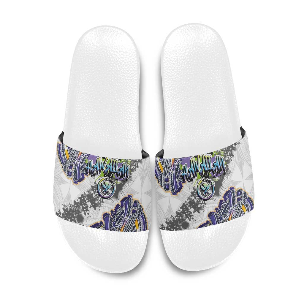 Traditional Art Hawaiian Kakau Tattoos Slide Sandals Graffiti Style LT03 White - Polynesian Pride