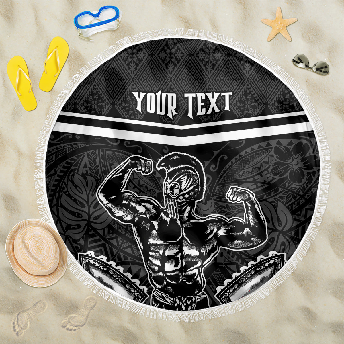 Custom Hawaii Warrior Beach Blanket Kakau Quilt Pattern LT03 One Size 150cm Black - Polynesian Pride