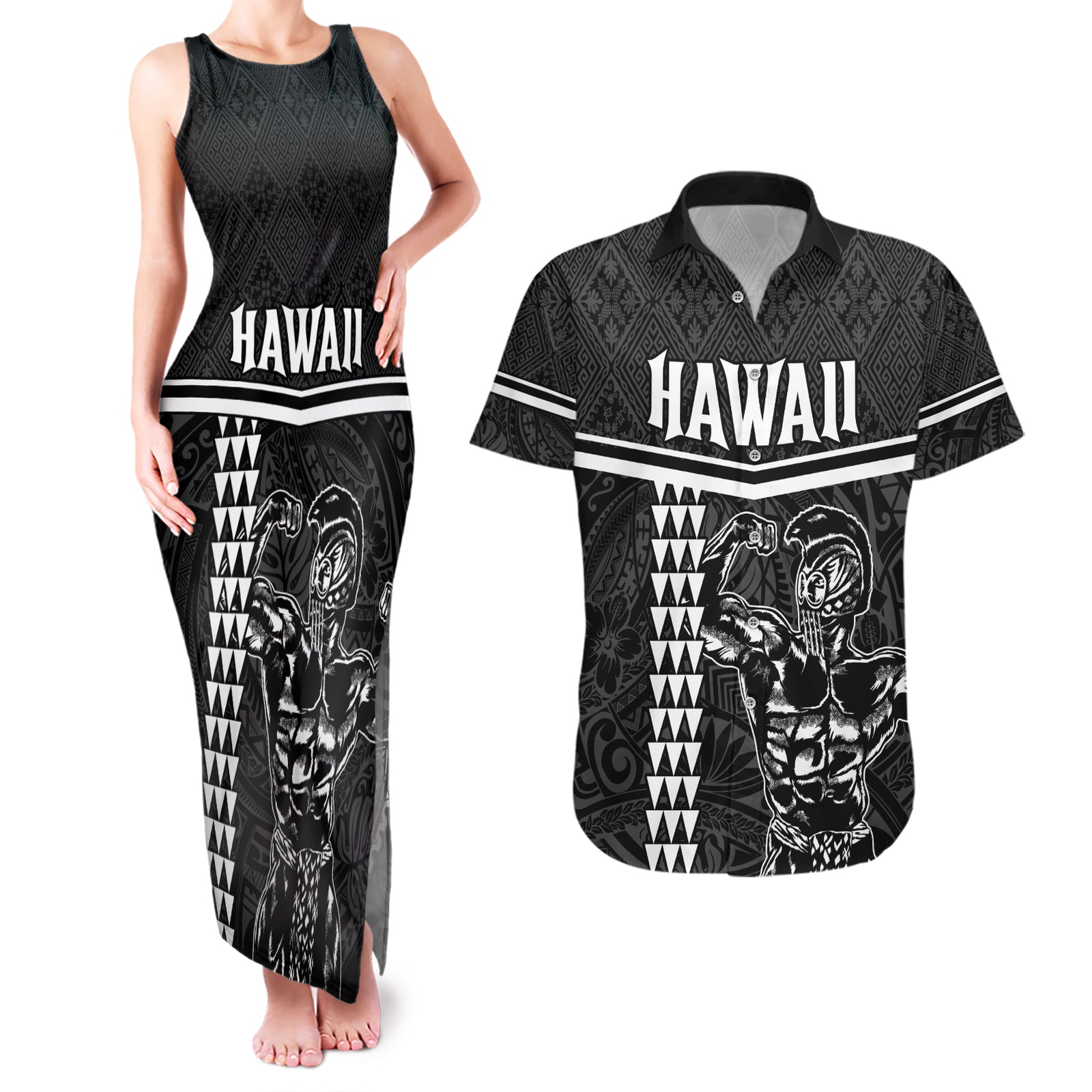 Custom Hawaii Warrior Couples Matching Tank Maxi Dress and Hawaiian Shirt Kakau Quilt Pattern LT03 Black - Polynesian Pride
