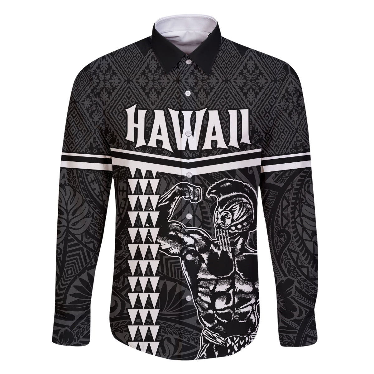 Custom Hawaii Warrior Family Matching Off Shoulder Maxi Dress and Hawaiian Shirt Kakau Quilt Pattern LT03 Dad's Shirt - Long Sleeve Black - Polynesian Pride