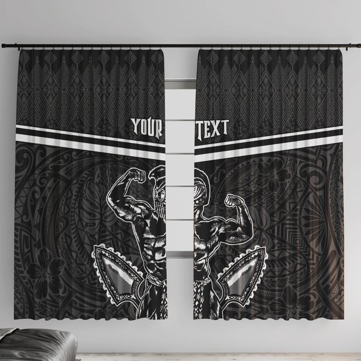 Custom Hawaii Warrior Window Curtain Kakau Quilt Pattern LT03 With Hooks Black - Polynesian Pride