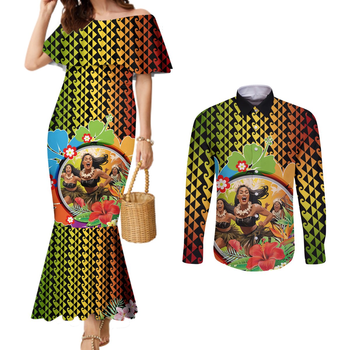 Hawaii Womens Day Wahine Couples Matching Mermaid Dress and Long Sleeve Button Shirt Strong Beautiful Woman with Kakau Style LT03 Red - Polynesian Pride