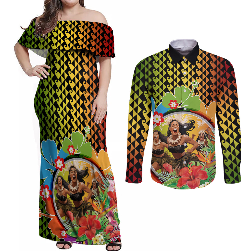 Hawaii Womens Day Wahine Couples Matching Off Shoulder Maxi Dress and Long Sleeve Button Shirt Strong Beautiful Woman with Kakau Style LT03 Red - Polynesian Pride