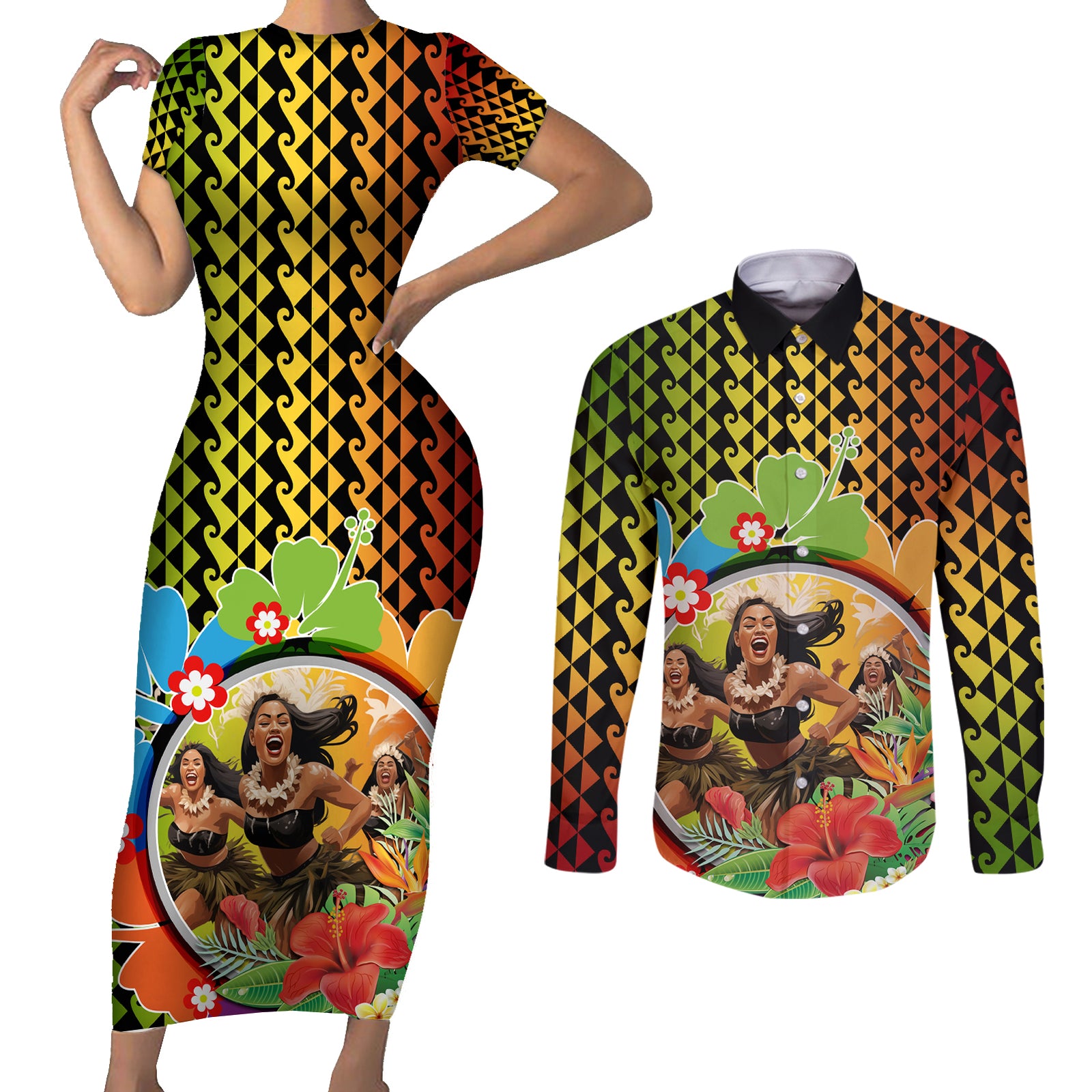 Hawaii Womens Day Wahine Couples Matching Short Sleeve Bodycon Dress and Long Sleeve Button Shirt Strong Beautiful Woman with Kakau Style LT03 Red - Polynesian Pride
