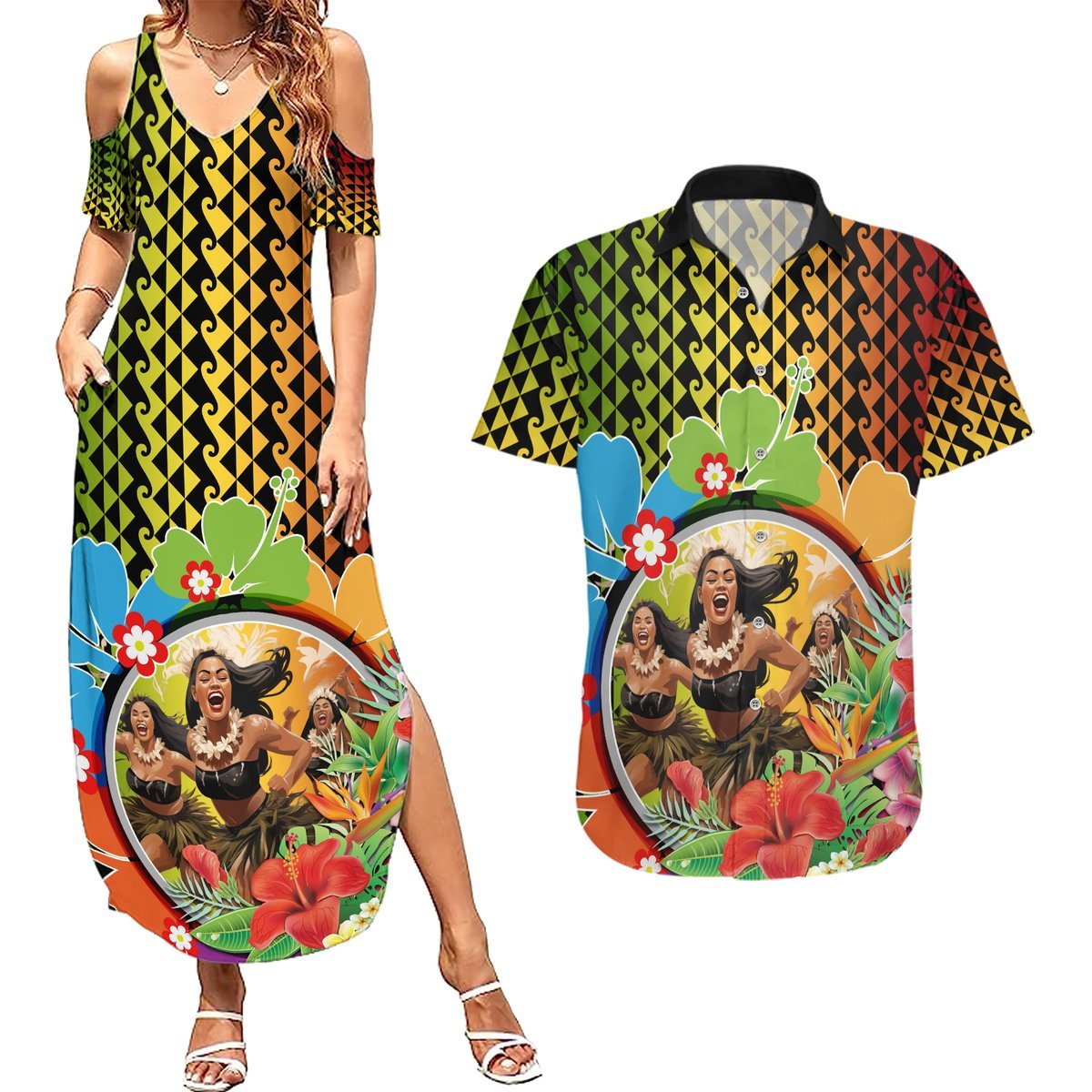 Hawaii Womens Day Wahine Couples Matching Summer Maxi Dress and Hawaiian Shirt Strong Beautiful Woman with Kakau Style LT03 Red - Polynesian Pride