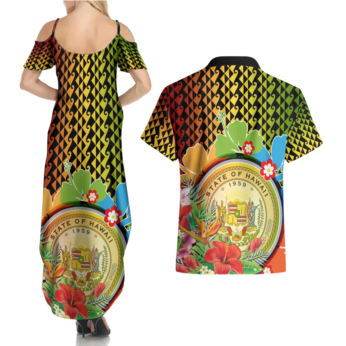Hawaii Womens Day Wahine Couples Matching Summer Maxi Dress and Hawaiian Shirt Strong Beautiful Woman with Kakau Style LT03 - Polynesian Pride