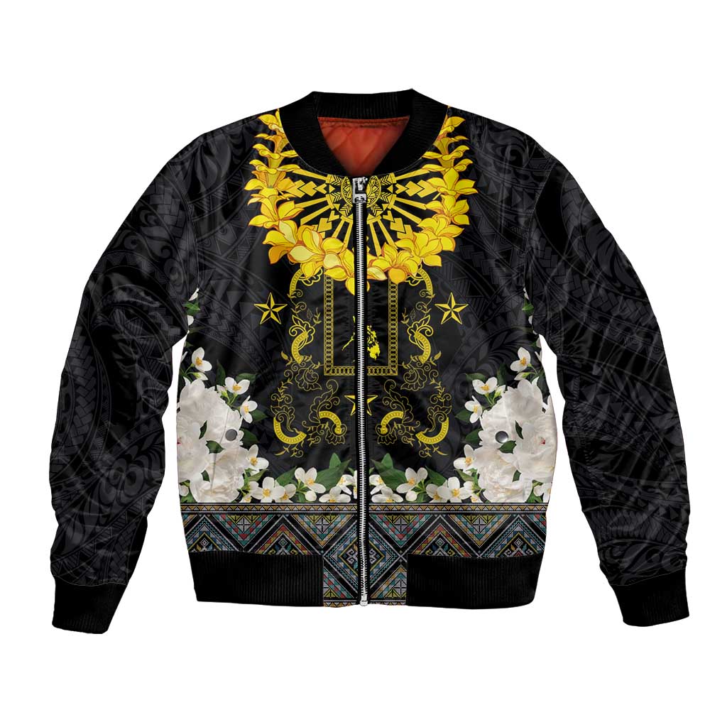 Flores de Mayo and Filipino Fiesta Bomber Jacket The Sun-Jasmine and Polynesian Yakan Tattoo Barong Style LT03 Unisex Black - Polynesian Pride