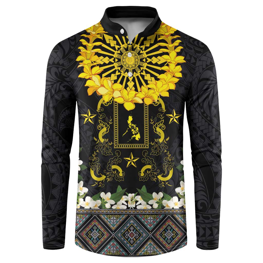 Flores de Mayo and Filipino Fiesta Button Sweatshirt The Sun-Jasmine and Polynesian Yakan Tattoo Barong Style