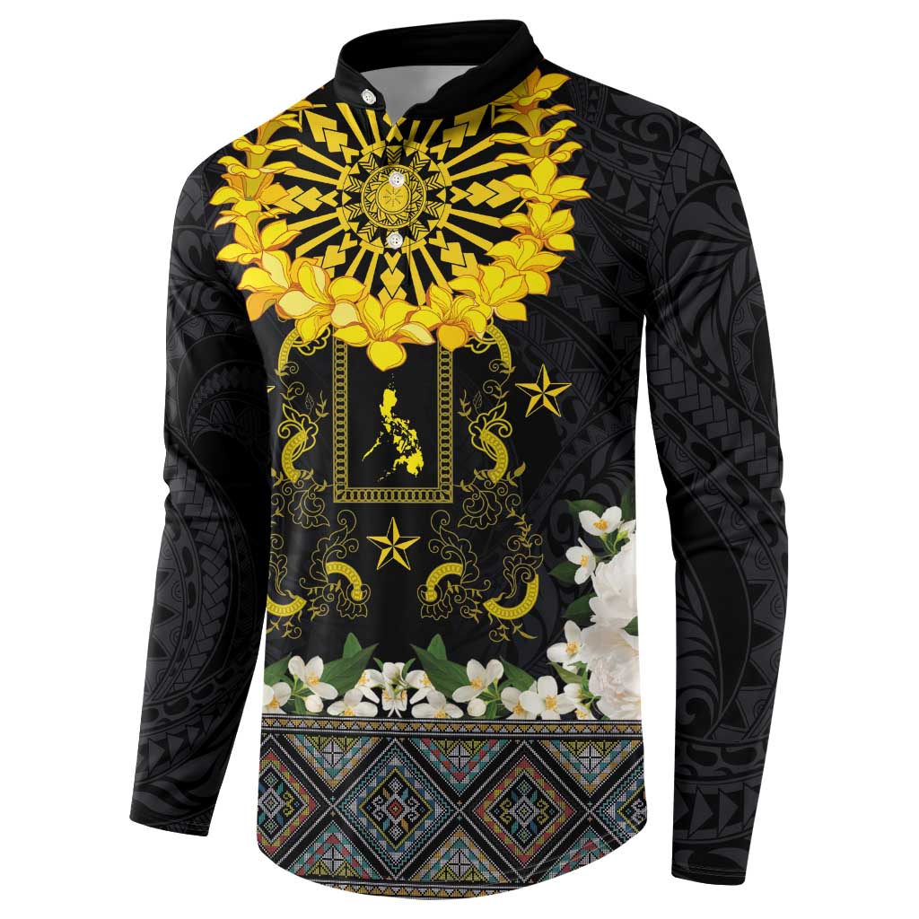 Flores de Mayo and Filipino Fiesta Button Sweatshirt The Sun-Jasmine and Polynesian Yakan Tattoo Barong Style