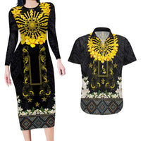 Flores de Mayo and Filipino Fiesta Couples Matching Long Sleeve Bodycon Dress and Hawaiian Shirt The Sun-Jasmine and Polynesian Yakan Tattoo Barong Style