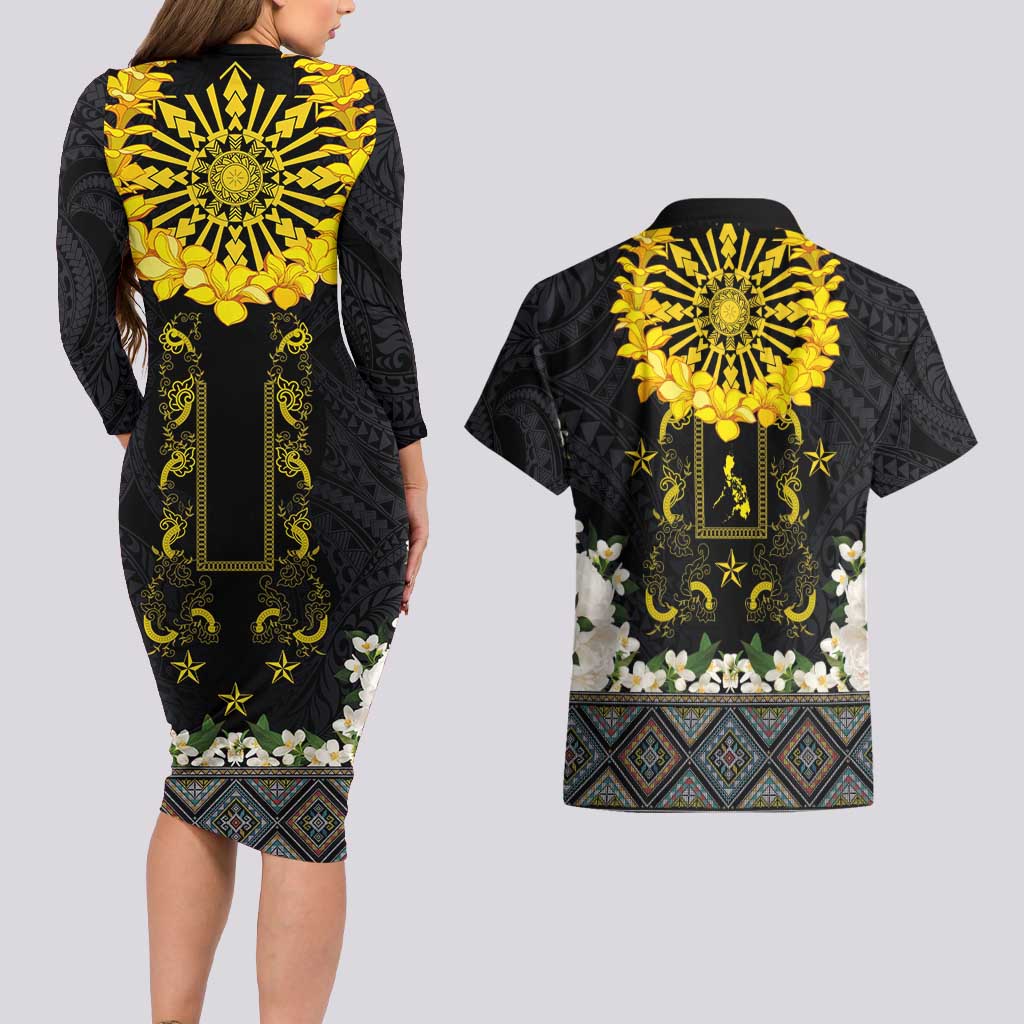 Flores de Mayo and Filipino Fiesta Couples Matching Long Sleeve Bodycon Dress and Hawaiian Shirt The Sun-Jasmine and Polynesian Yakan Tattoo Barong Style