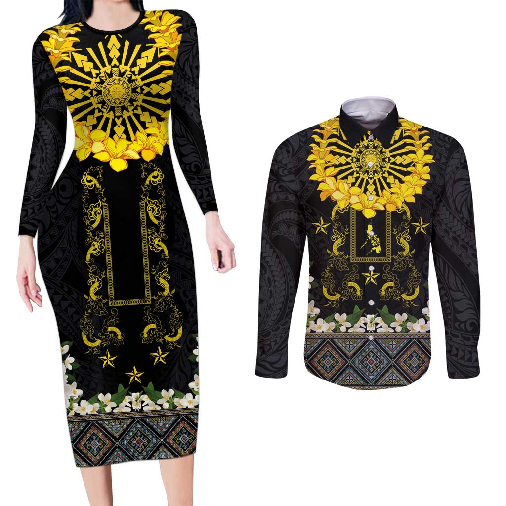 Flores de Mayo and Filipino Fiesta Couples Matching Long Sleeve Bodycon Dress and Long Sleeve Button Shirt The Sun-Jasmine and Polynesian Yakan Tattoo Barong Style
