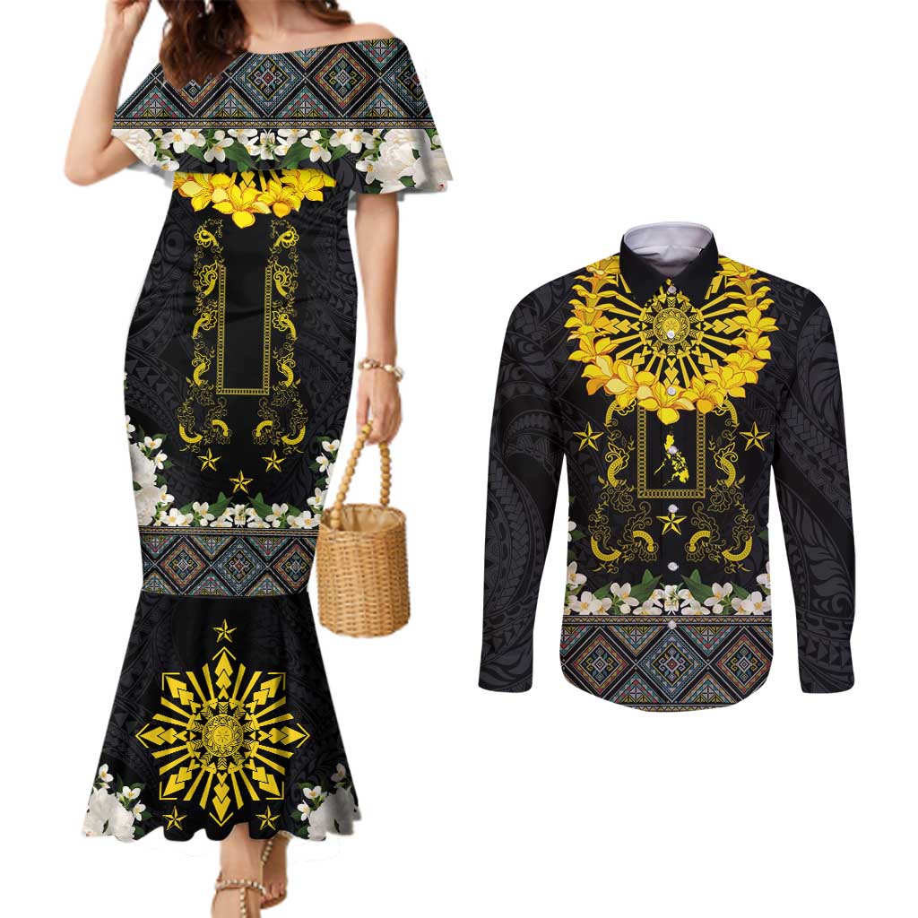 Flores de Mayo and Filipino Fiesta Couples Matching Mermaid Dress and Long Sleeve Button Shirt The Sun-Jasmine and Polynesian Yakan Tattoo Barong Style