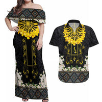 Flores de Mayo and Filipino Fiesta Couples Matching Off Shoulder Maxi Dress and Hawaiian Shirt The Sun-Jasmine and Polynesian Yakan Tattoo Barong Style