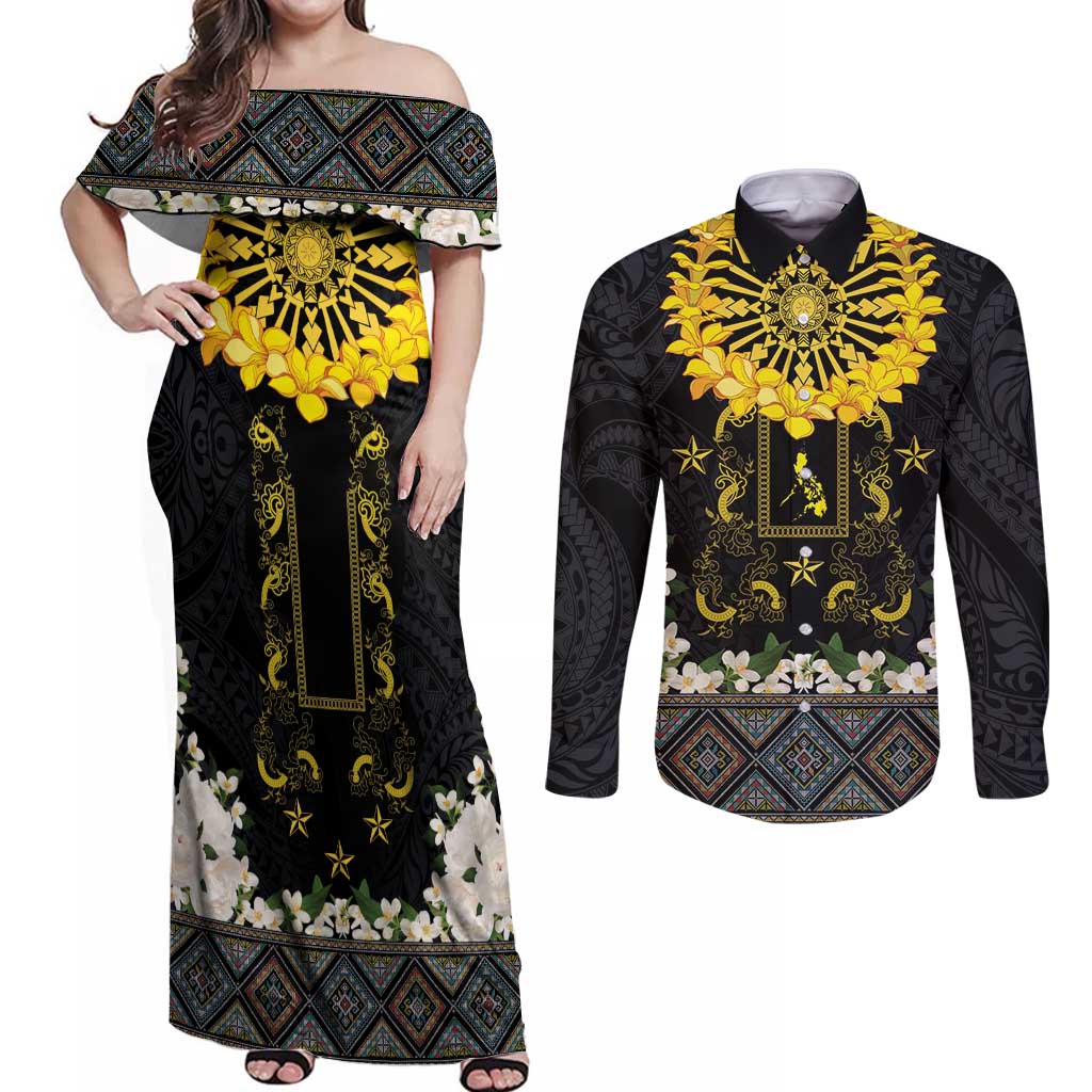 Flores de Mayo and Filipino Fiesta Couples Matching Off Shoulder Maxi Dress and Long Sleeve Button Shirt The Sun-Jasmine and Polynesian Yakan Tattoo Barong Style